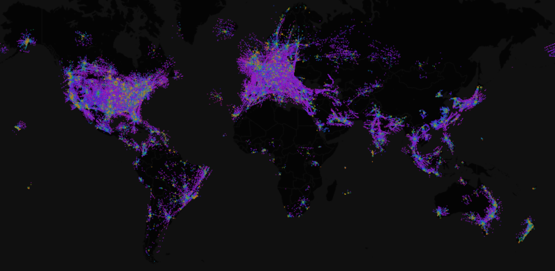 Airplanes.Live ADS-B Global heat map screenshot